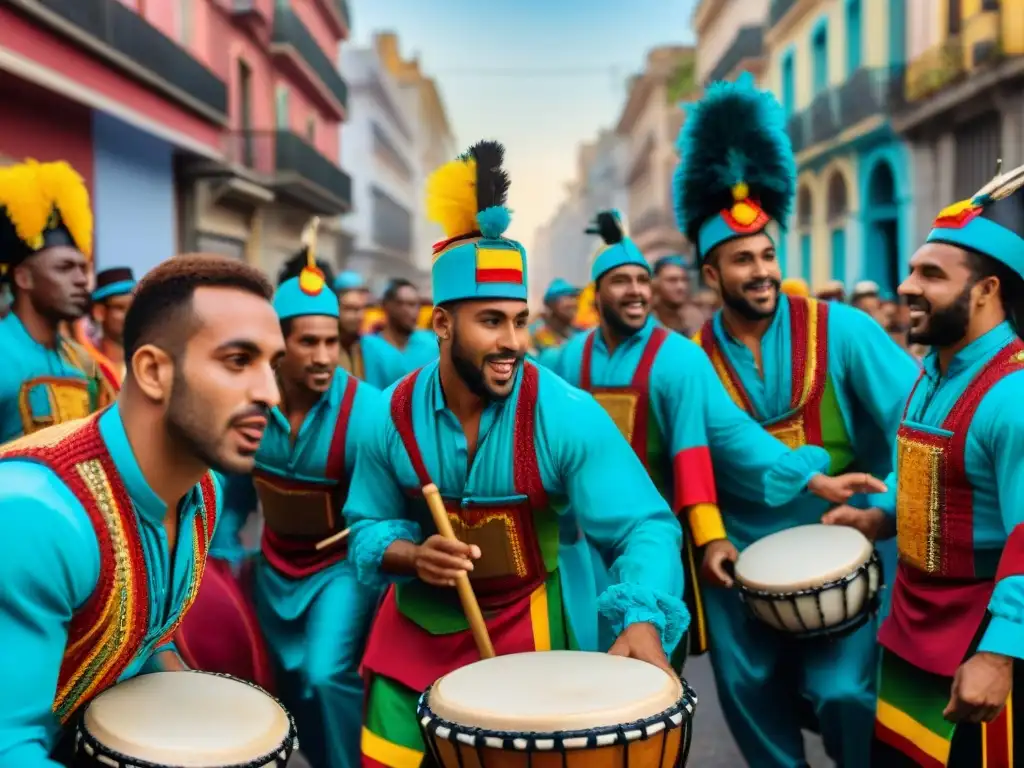 Un vibrante grupo de tamborileros de candombe en trajes coloridos durante el Carnaval de Montevideo, tradición colorida