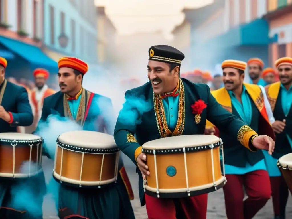 Un vibrante grupo de tamborileros en Competencia de tambores en Uruguay, con trajes tradicionales y expresiones concentradas