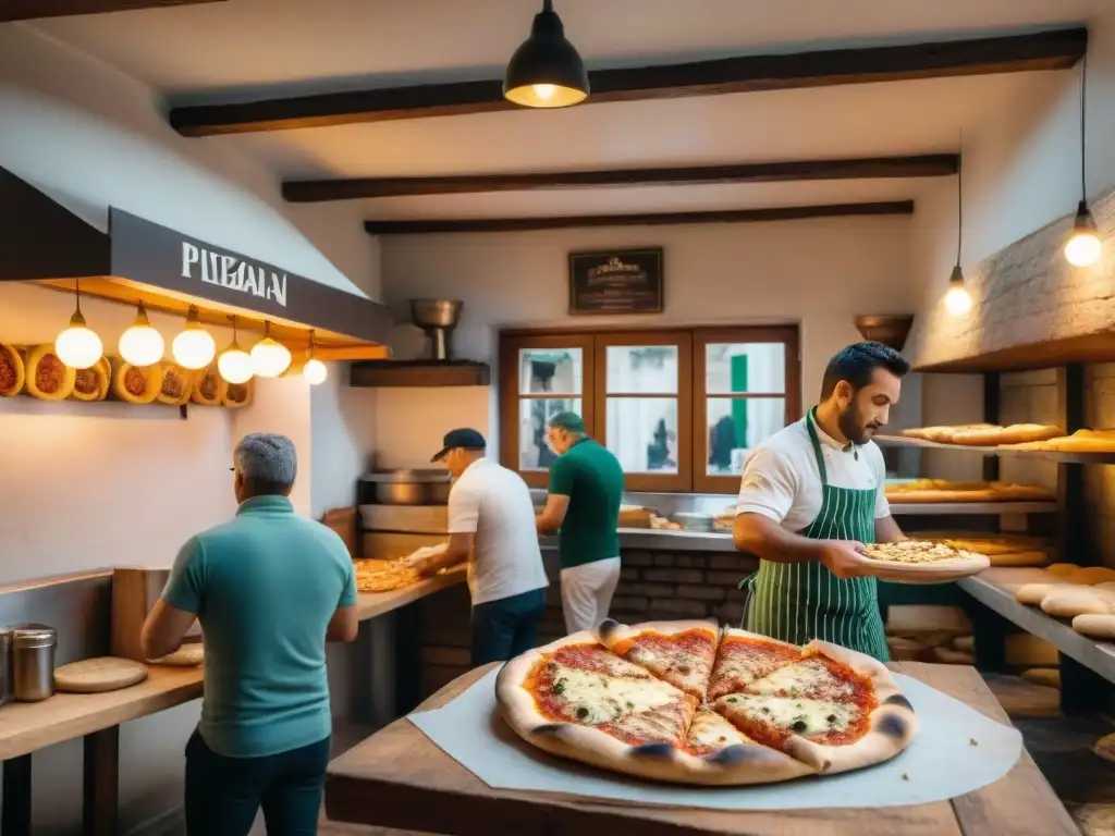 Vibrante pizzería uruguaya con horno de leña, chef lanzando masa, clientes disfrutando pizza y fainá en Uruguay