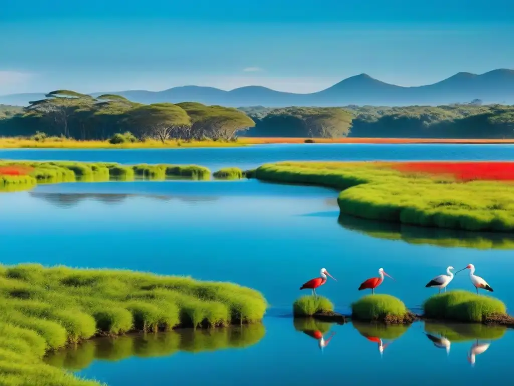 Fotografía detallada de aves coloridas en humedal uruguayo Vibrante humedal en Uruguay con aves como Ibis escarlata y espátula rosada