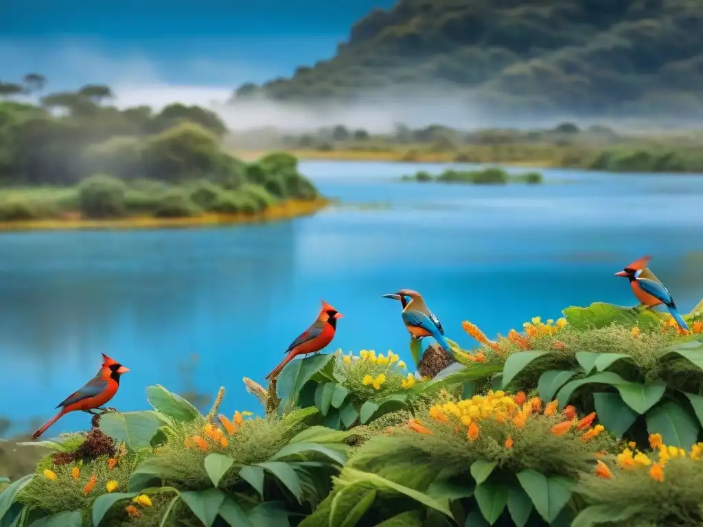 Una vibrante imagen de aves nativas de Uruguay en su hábitat natural, destacando la diversidad y belleza de las aves en ecosistemas uruguayos