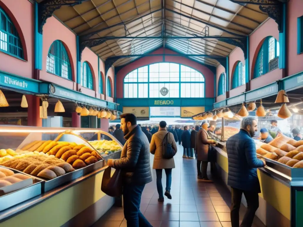 Vibrante interior del Mercado del Puerto Montevideo tradicional con puestos de comida y arquitectura única