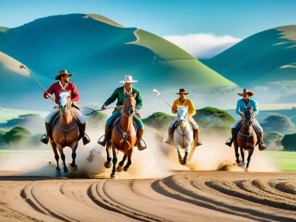 Un vibrante juego de pato entre gauchos uruguayos en la campiña, reflejando las Tradiciones Deportivas Uruguayas Conservación