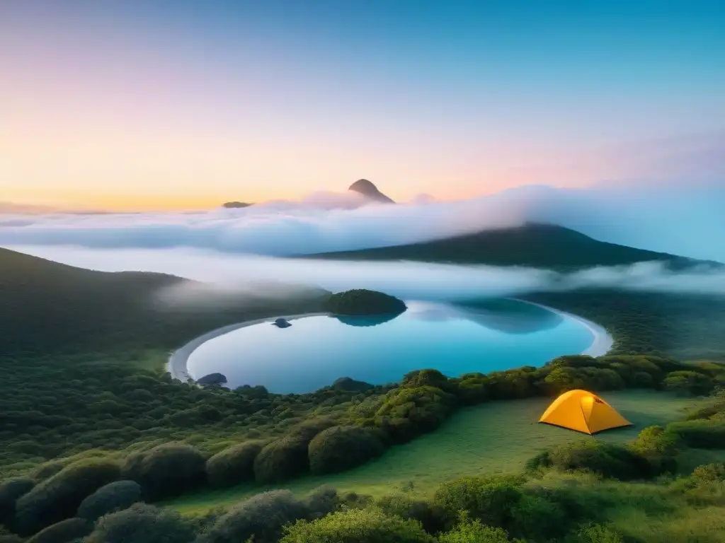 Vibrante amanecer en Laguna Garzón, Uruguay, con cielo colorido reflejado en aguas serenas y campamento en la naturaleza