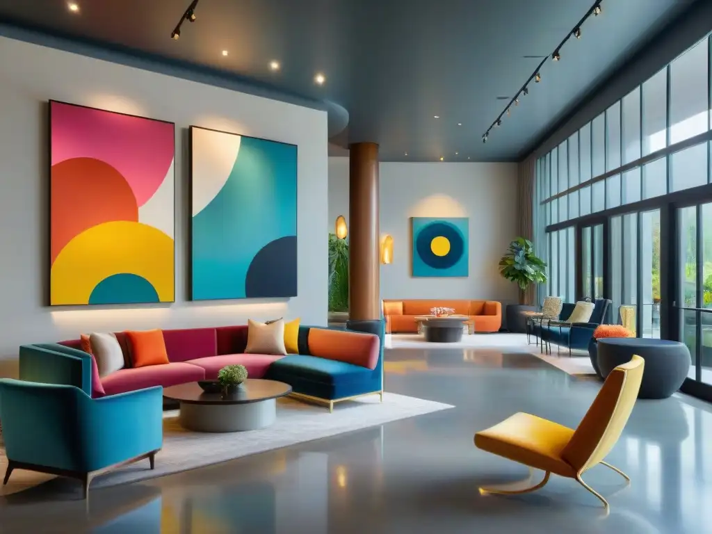 Un vibrante lobby de hotel con arte contemporáneo, muebles modernos y ventanales