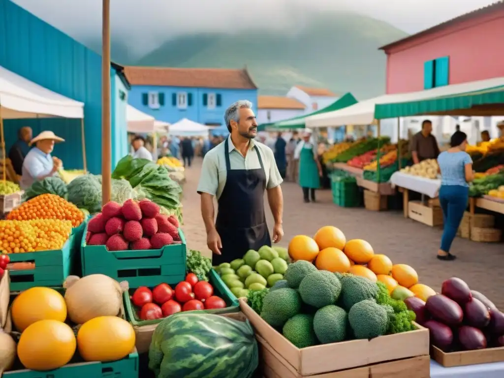 Un vibrante mercado de agricultores en Uruguay, con frutas, verduras y hierbas locales