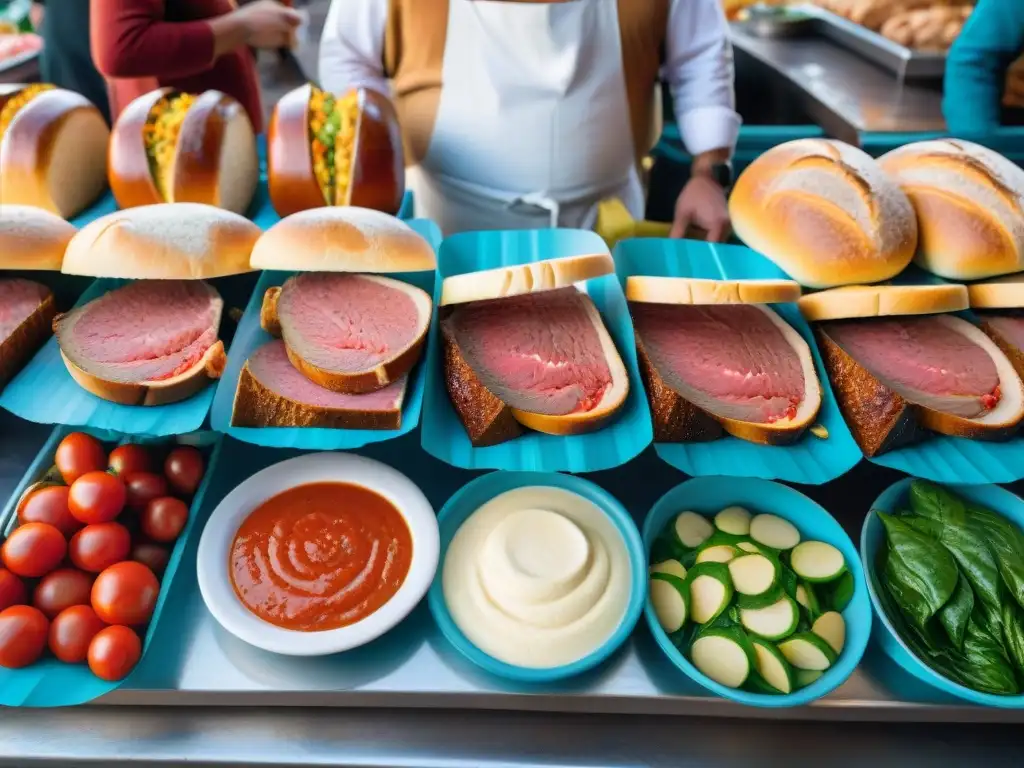 Vibrante mercado al aire libre en Uruguay, con ingredientes frescos y preparación auténtica del chivito