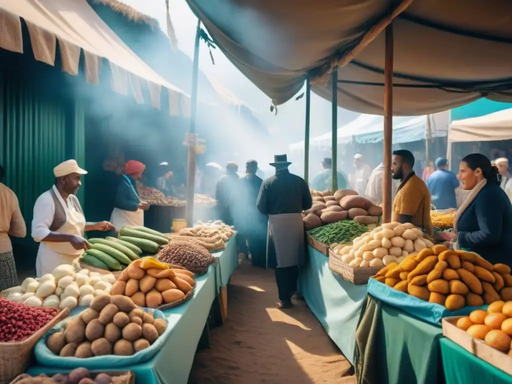 Vibrante mercado al aire libre en Uruguay con ingredientes de cocina afrouruguaya y clientes interactuando