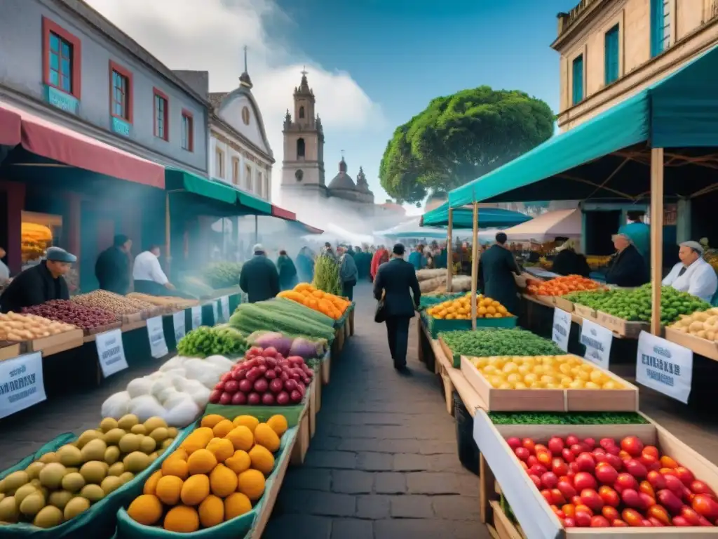 Un vibrante mercado al aire libre en Uruguay con degustaciones gratuitas y coloridos puestos, creando una atmósfera de comunidad y descubrimiento