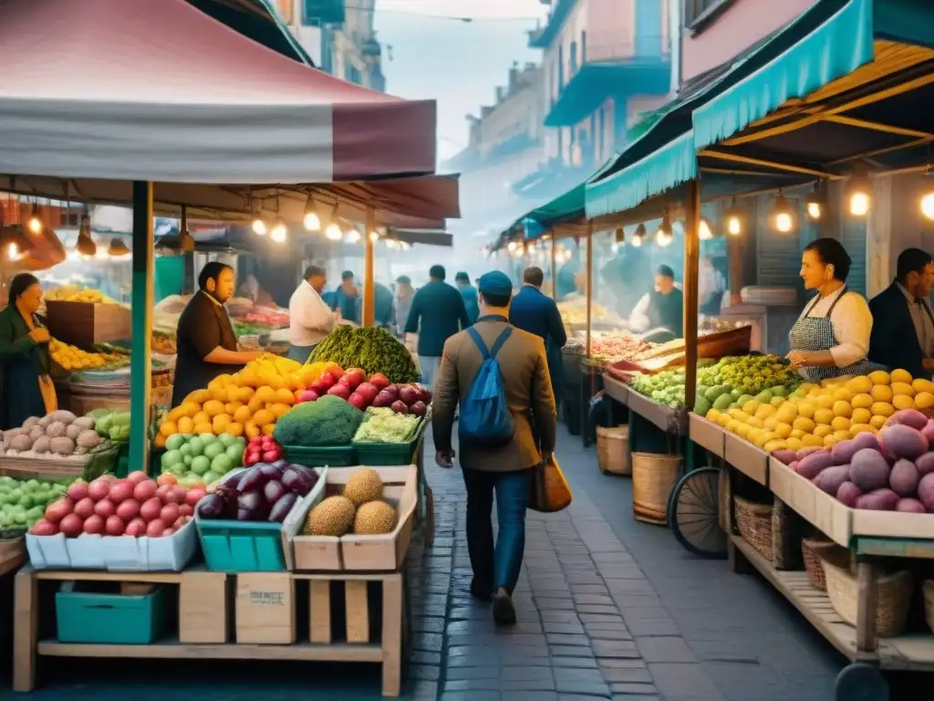 Explora el vibrante mercado de alimentos en Montevideo, Uruguay, con coloridas frutas y platos tradicionales