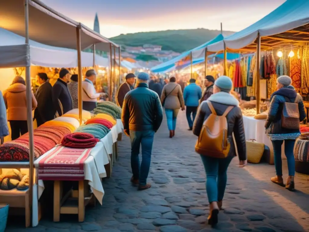 Vibrante mercado artesanal en Uruguay con artesanías locales, textiles tradicionales y arte