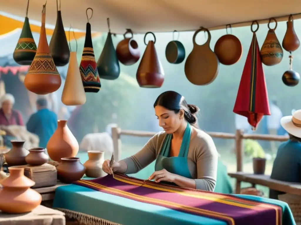 Un vibrante mercado artesanal en Uruguay, con colores, tejidos y cuero