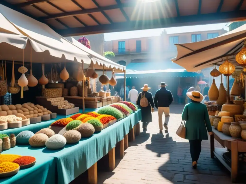 Un vibrante mercado artesanal en Uruguay, mostrando la cultura local y sus coloridas creaciones