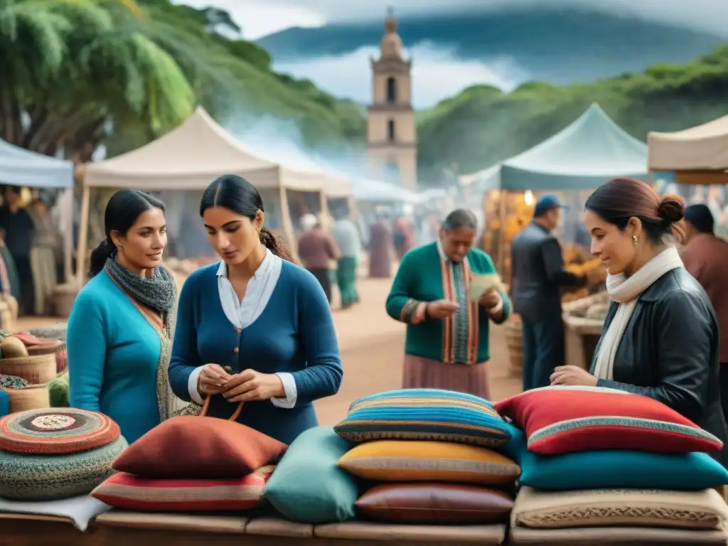 Un vibrante mercado artesanal en Uruguay, lleno de coloridos textiles, cerámicas y cuero