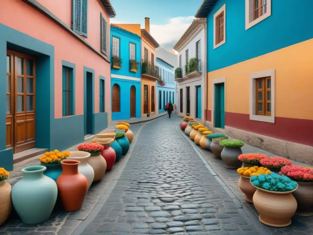 Vibrante mercado de artesanía en vivo en Uruguay, con textiles y cerámica coloridos