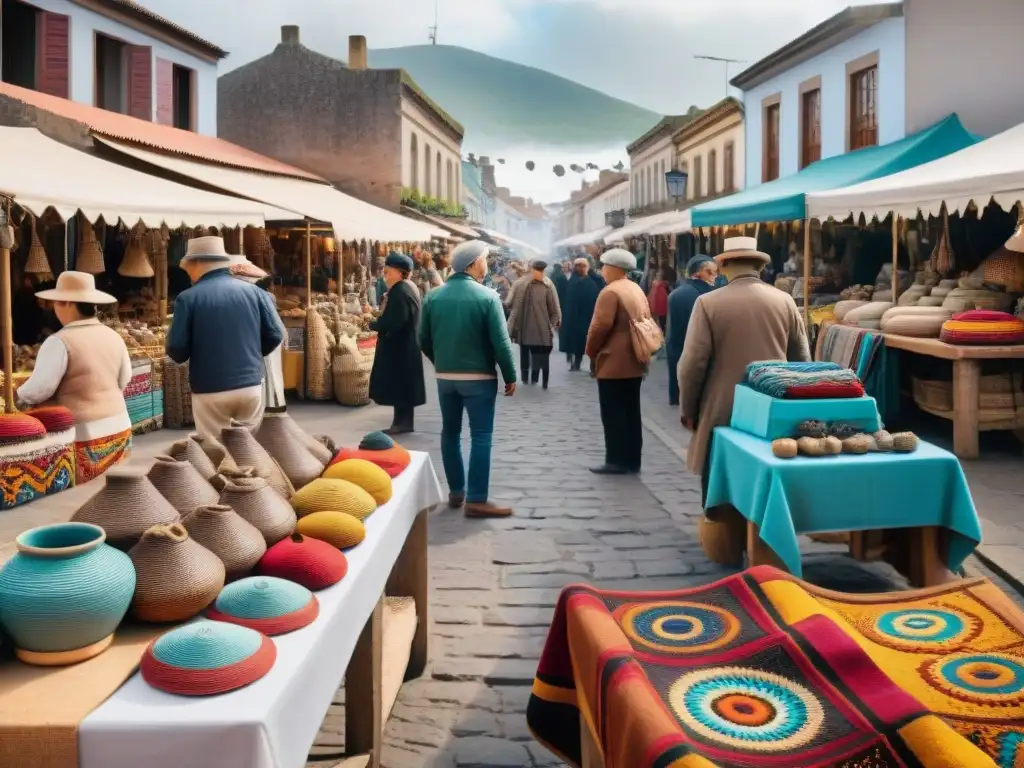 Vibrante mercado de artesanías uruguayas hechas a mano, lleno de coloridas creaciones y actividad cultural