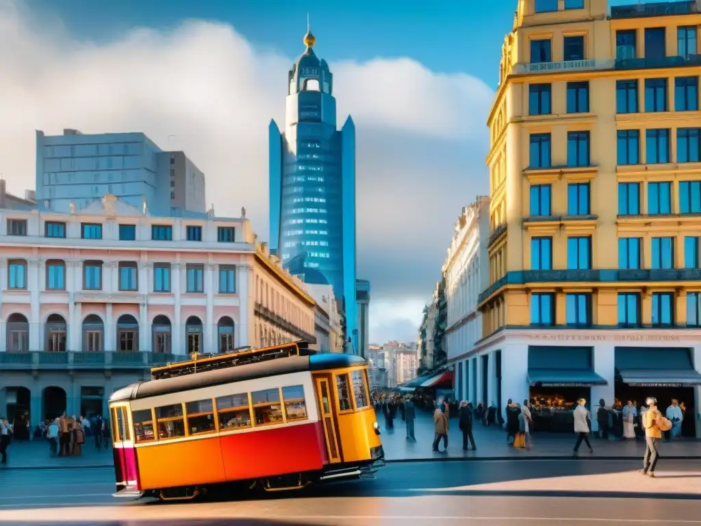 Vibrante mercado callejero en Montevideo con tranvía y arquitectura antigua y moderna, reflejando energía y cultura en Uruguay