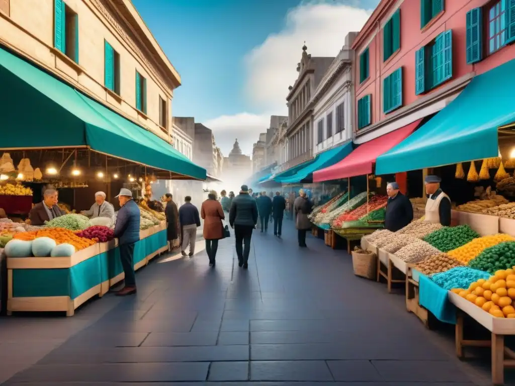 Un vibrante mercado callejero en Montevideo, Uruguay, donde artistas locales exhiben sus creaciones artesanales