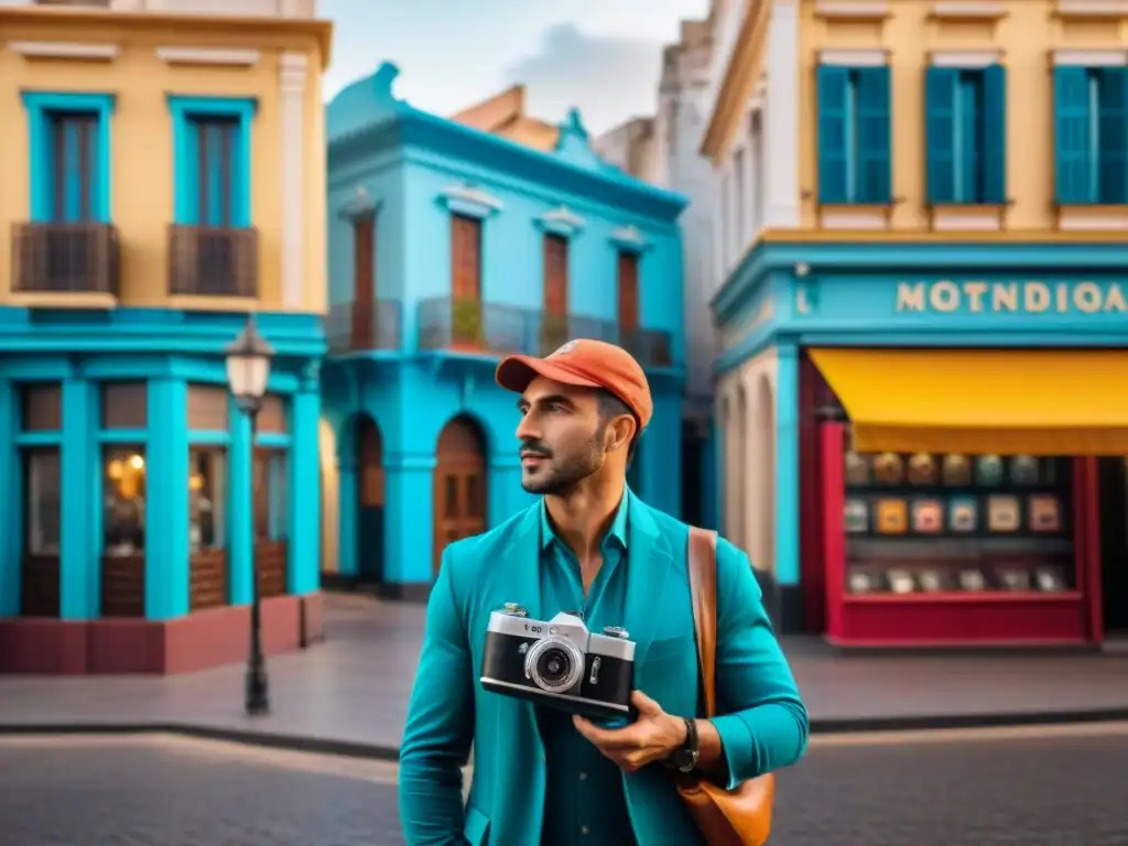 Un vibrante mercado callejero en Montevideo, Uruguay, repleto de cámaras vintage coloridas y arquitectura colonial