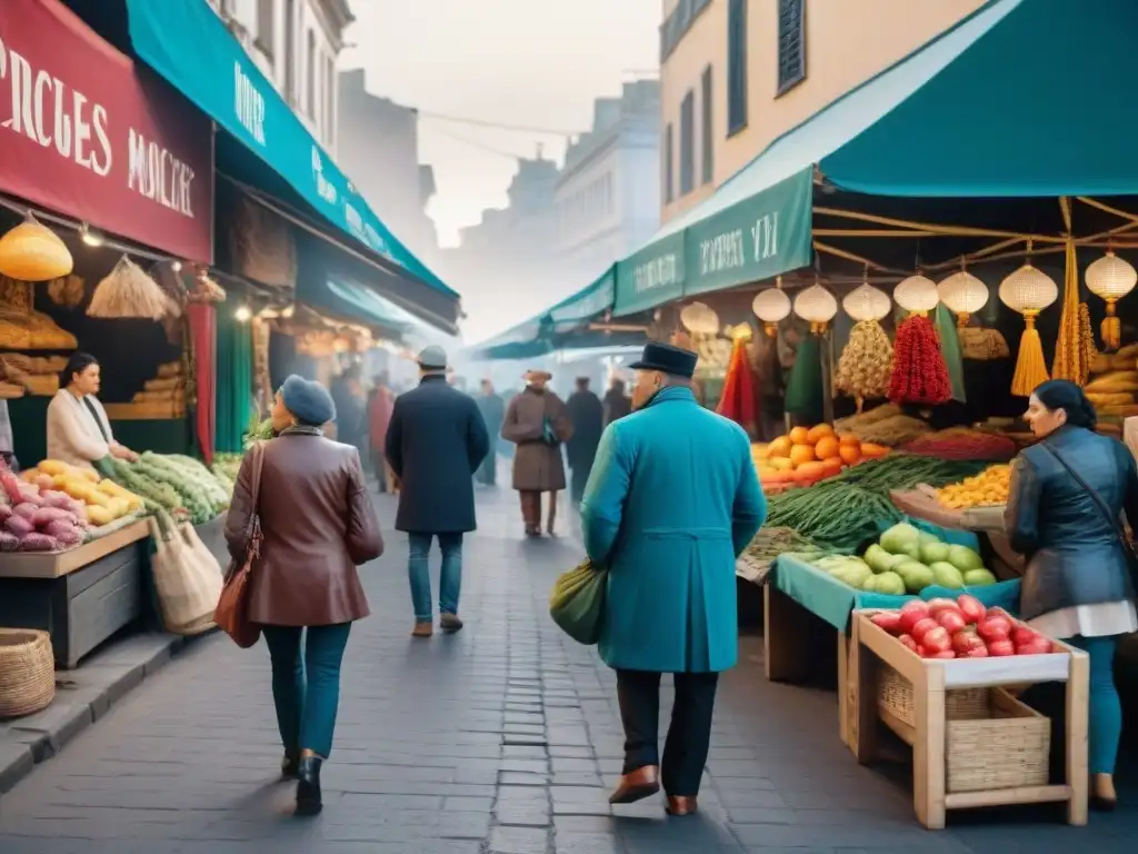 Un vibrante mercado callejero en Montevideo, Uruguay, lleno de colores y cultura