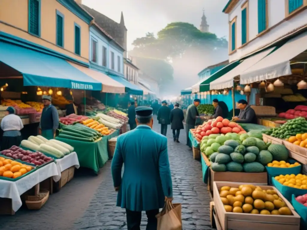 Vibrante fotografía de viaje en Uruguay: mercado callejero con colores, vendedores y artesanías locales en un escenario colonial histórico