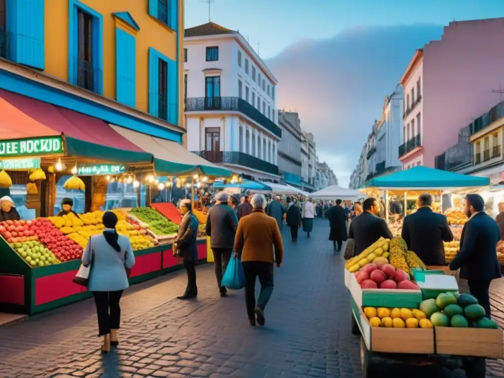 Un vibrante mercado callejero en Montevideo, Uruguay, con frutas frescas, artesanías y lugareños alegres