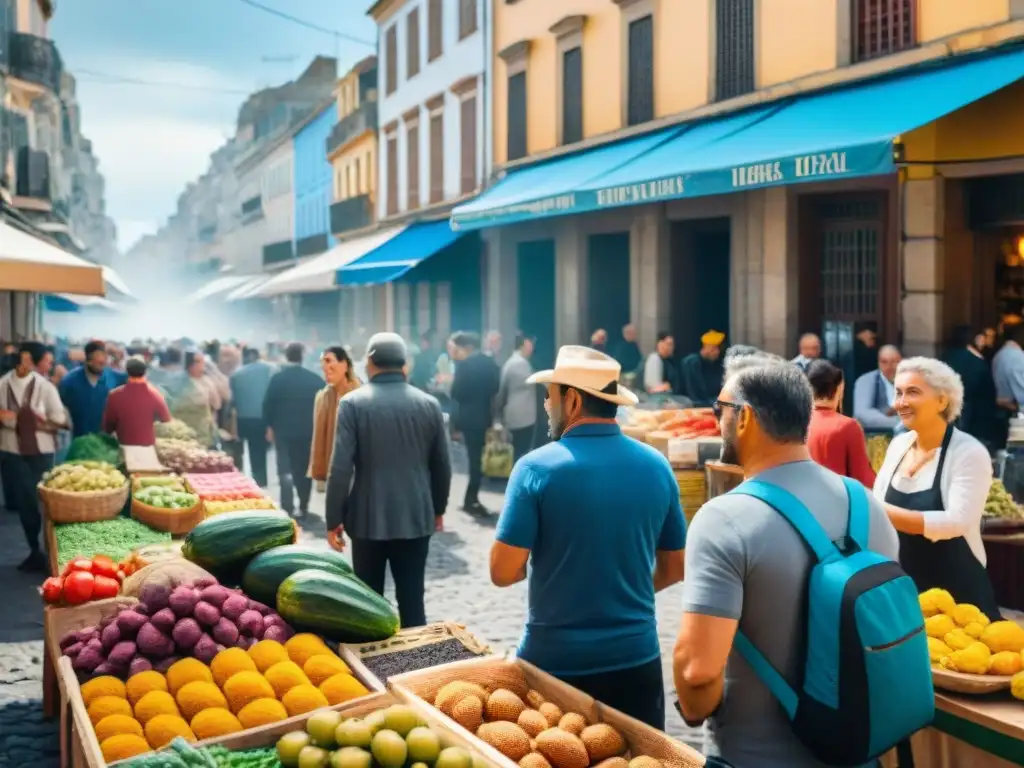 Vibrante mercado callejero en Montevideo, Uruguay, con muestra de gadgets traducción viajes Uruguay, donde personas de distintas culturas interactúan