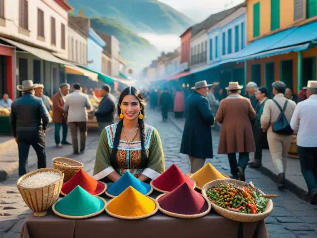 Vibrante mercado callejero en Uruguay durante pandemia, con artesanías, textiles y comida local, músicos y diversidad cultural