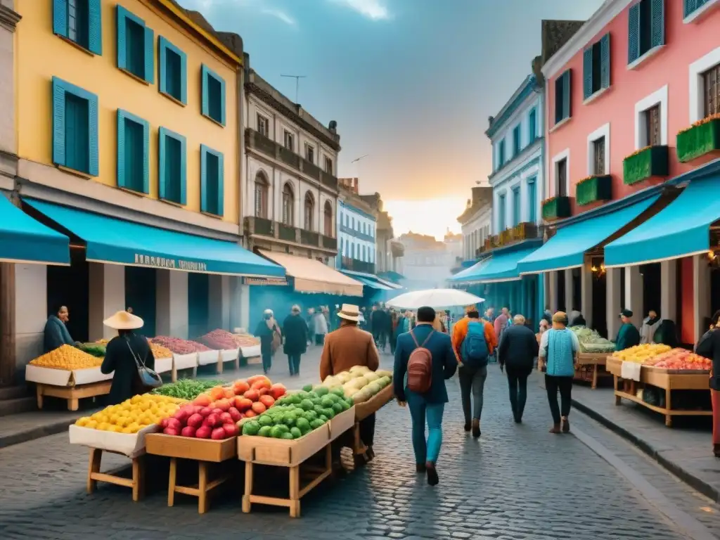 Un vibrante mercado callejero en Uruguay con puestos coloridos y edificios coloniales