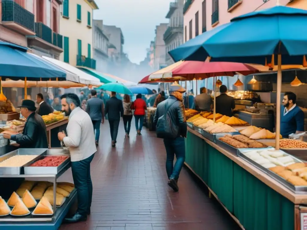 Vibrante mercado callejero en Montevideo, con puestos de comida, locales y turistas disfrutando de delicias uruguayas