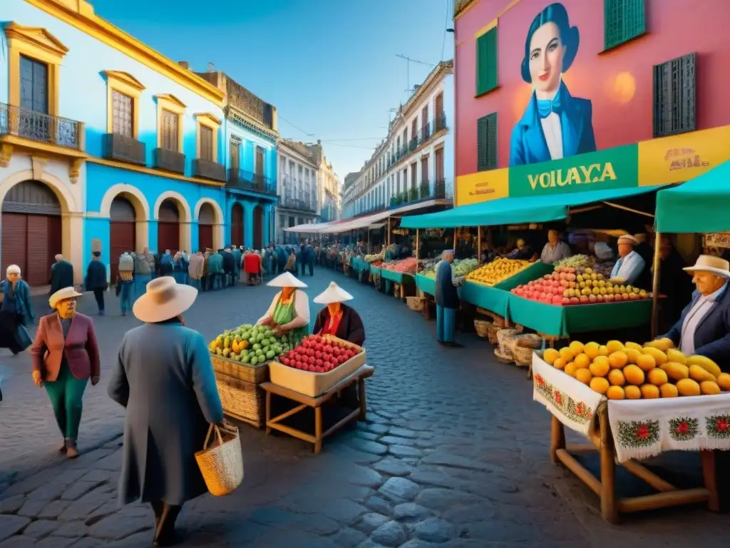 Vibrante mercado callejero uruguayo con ancianas compartiendo historias, mural colorido y productos locales