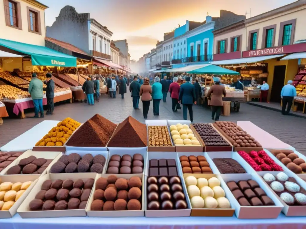 Vibrante mercado de chocolate en Uruguay, con locales ofreciendo una variedad de dulces