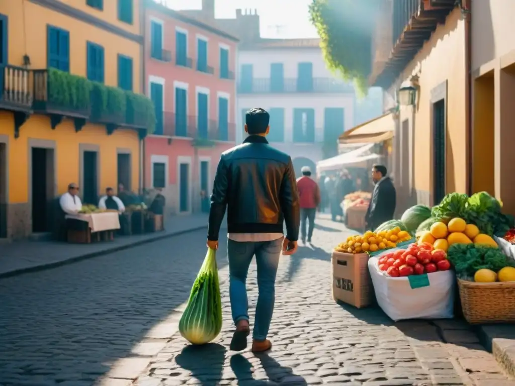 Vibrante mercado en Colonia del Sacramento con puestos de colores, productos locales y ambiente histórico