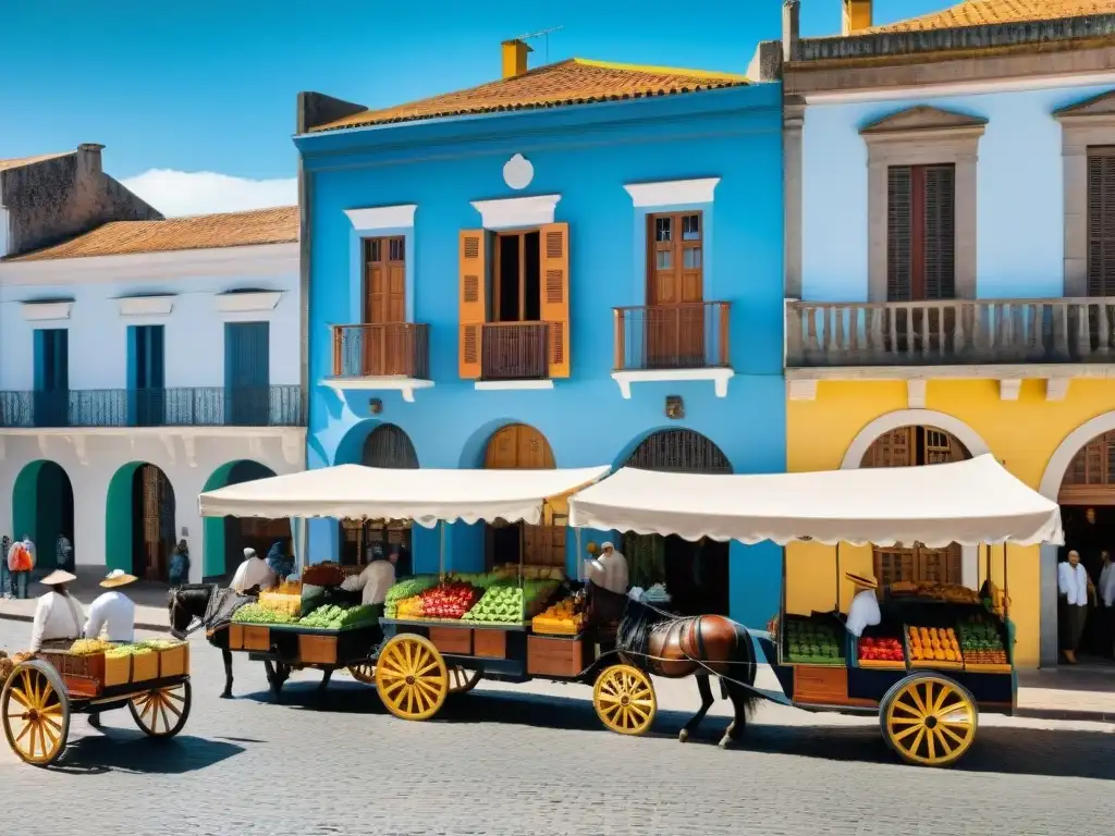 Vibrante mercado colonial en Uruguay: vendedores, frutas coloridas, calles empedradas y arquitectura histórica