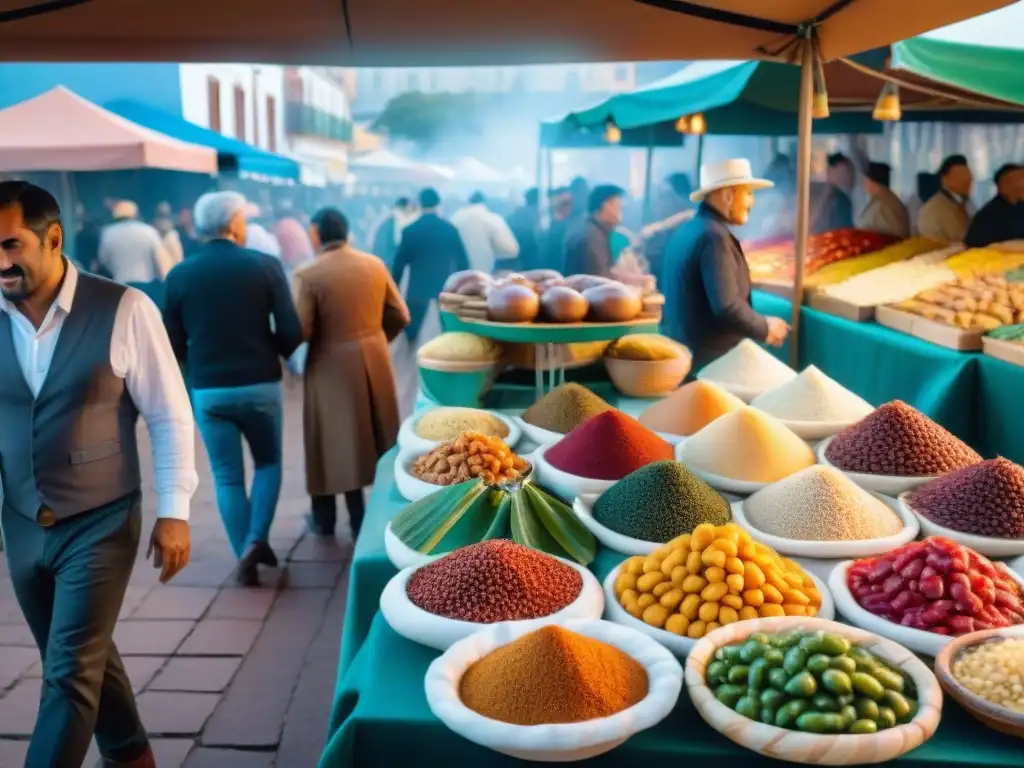 Vibrante mercado de comida uruguaya con influencia de la inmigración, colores y sabores diversos