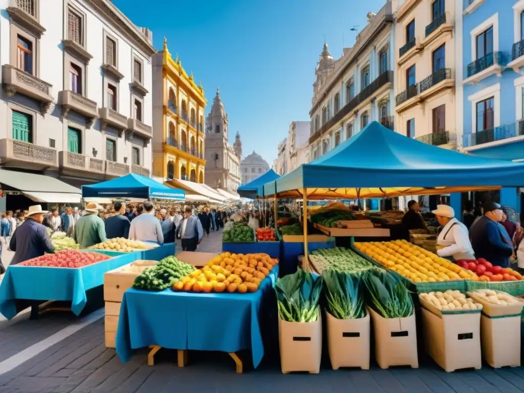 Vibrante mercado de fin de semana en Montevideo, Uruguay, con coloridos puestos y edificios históricos bajo cielo azul