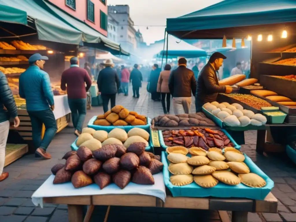 Un vibrante mercado gastronómico al aire libre en Montevideo, Uruguay, ofreciendo delicias tradicionales a una multitud diversa