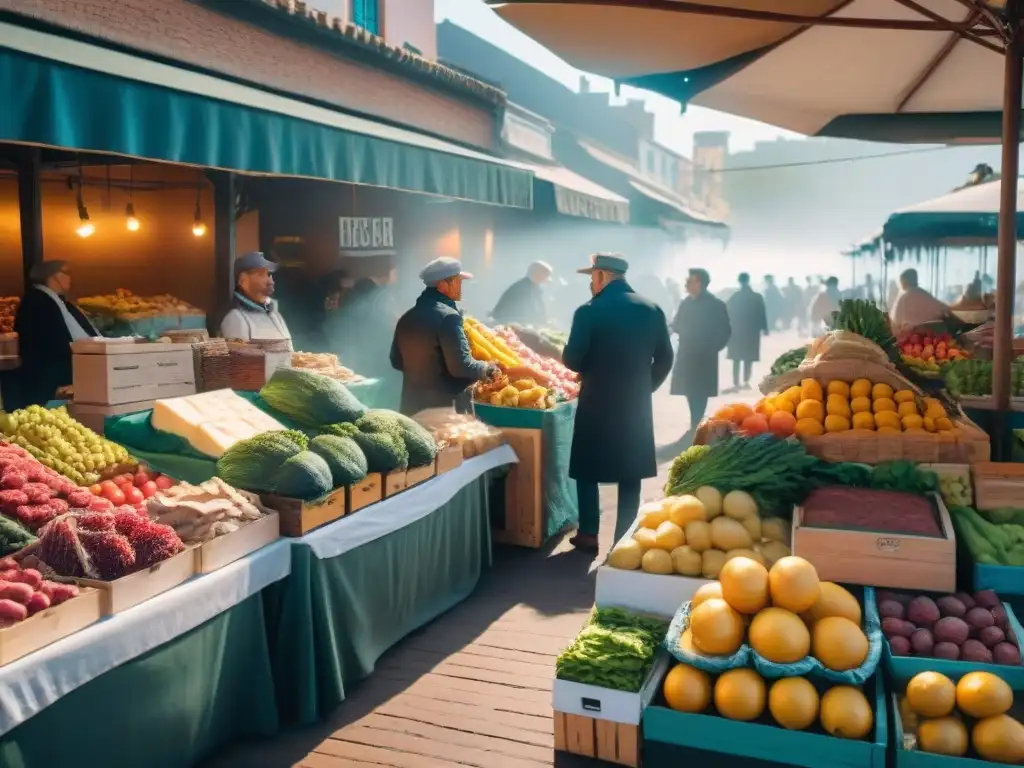 Mercado gourmet en Montevideo: colorida frescura y diversidad Un vibrante mercado gourmet en Montevideo, Uruguay, con frutas, verduras, quesos y carnes frescas