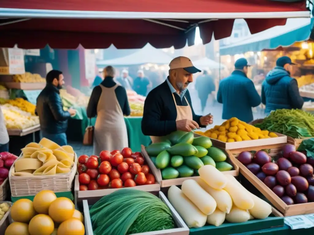 Un vibrante mercado italiano en Montevideo, Uruguay, con puestos coloridos rebosantes de productos frescos y delicias tradicionales