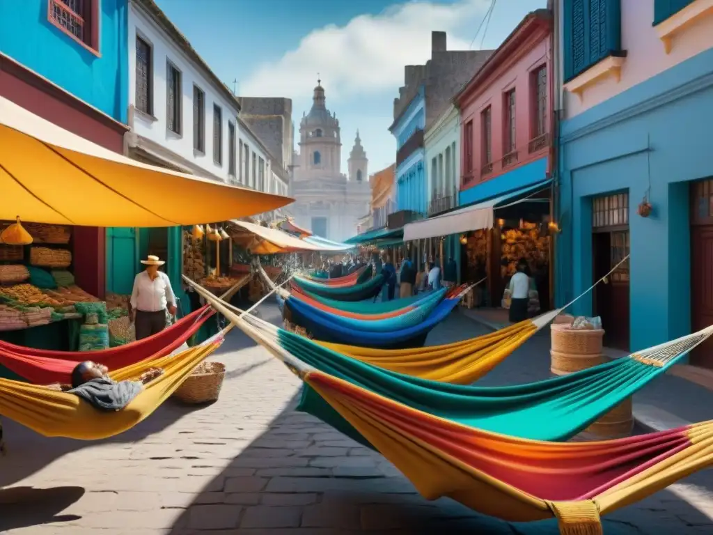 Vibrante mercado en Montevideo, Uruguay, con las mejores hamacas ultraligeras de diseño colorido y patrones brillantes