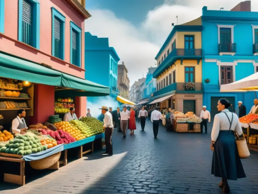 Vibrante mercado en Montevideo con músicos y artesanos, reflejando la cultura uruguaya