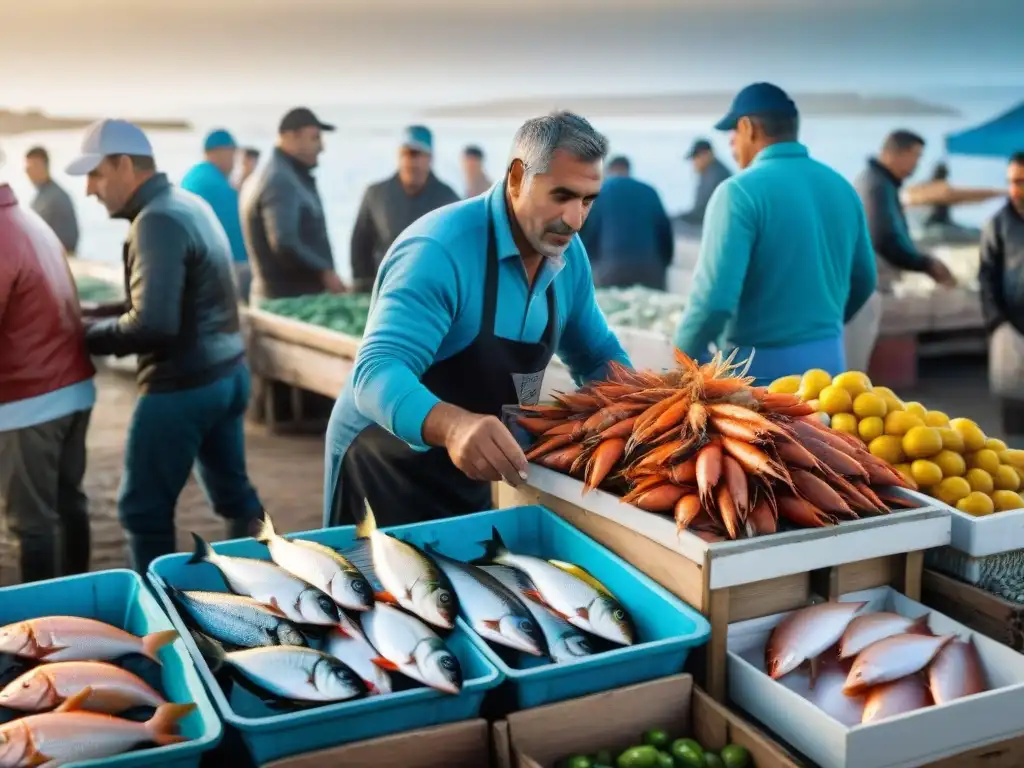 Vibrante mercado de pescados y mariscos frescos en Uruguay con pescadores, clientes y productos coloridos