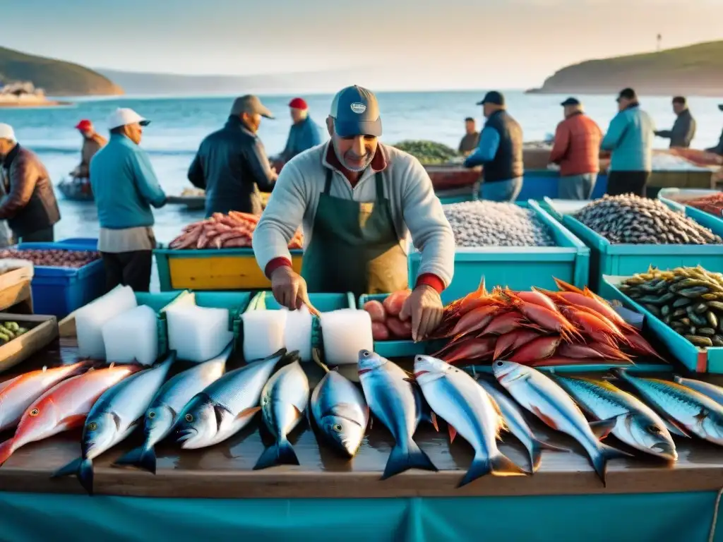 Vibrante mercado de pescados y mariscos frescos en Uruguay, con pescadores locales y ambiente costero