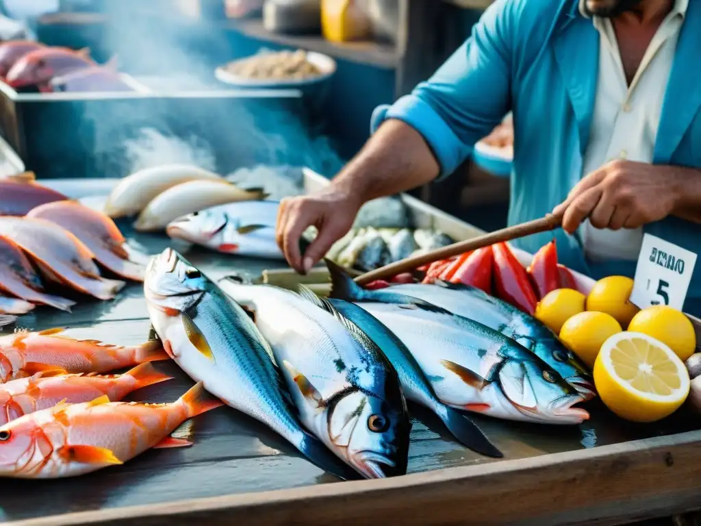 Vibrante mercado de pescados en Uruguay, con variedad de mariscos frescos