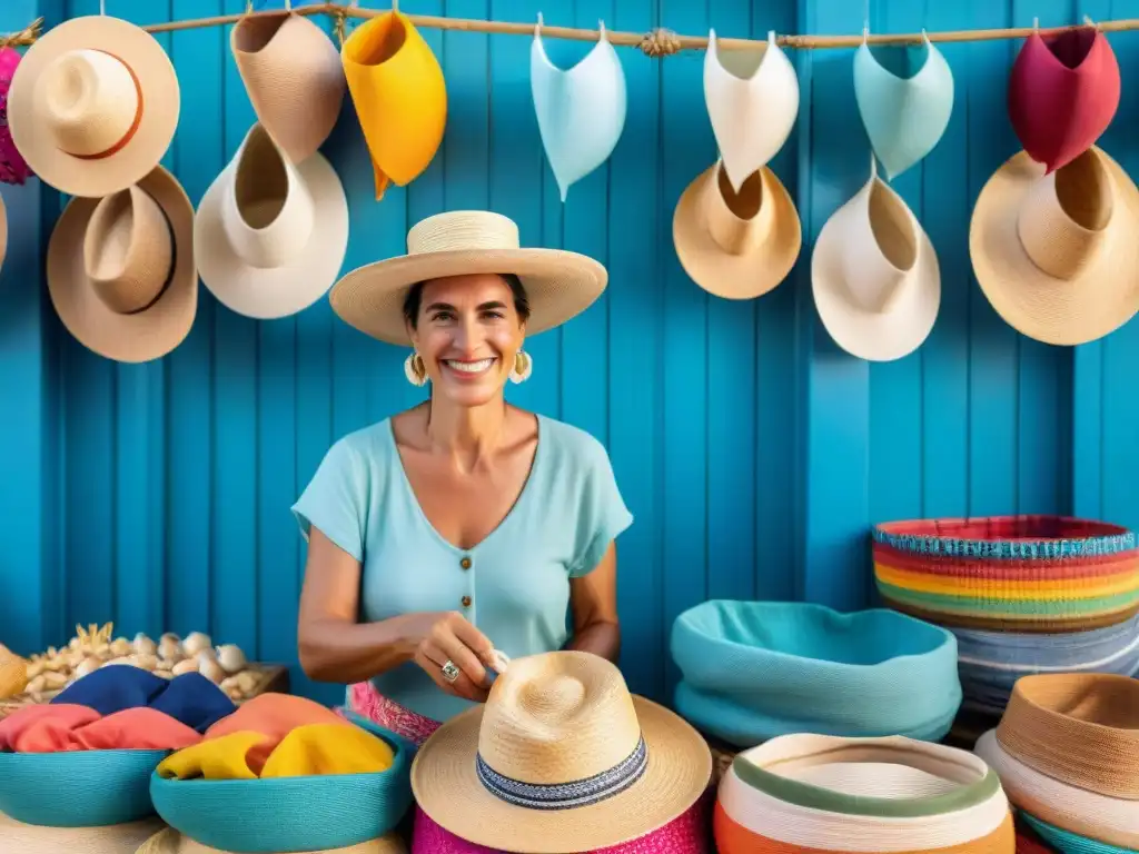 Un vibrante mercado de playa en Uruguay con un vendedor local sonriente y coloridos productos artesanales