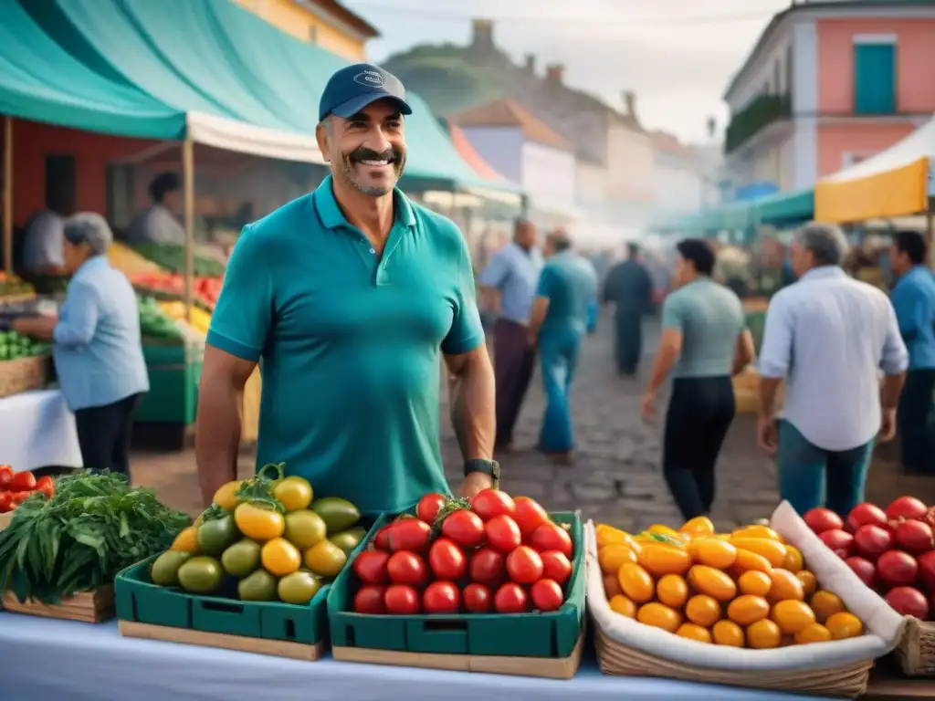 Un vibrante mercado en Uruguay con productos frescos como tomates y pimientos, vendedores locales sonrientes y arquitectura tradicional