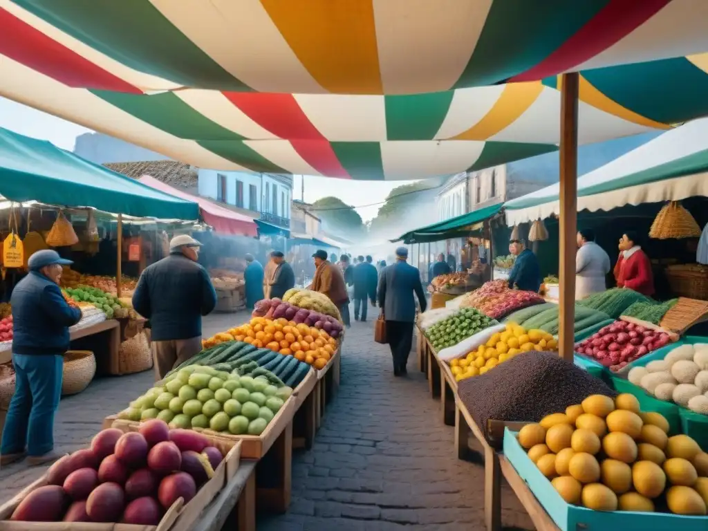 Vibrante mercado tradicional en Uruguay con frutas coloridas, productos artesanales y una atmósfera comunitaria