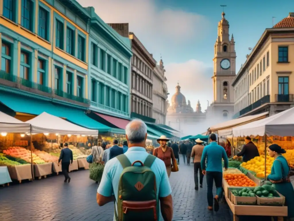 Un vibrante mercado en Montevideo, Uruguay, con viajeros aventureros capturando la esencia cultural