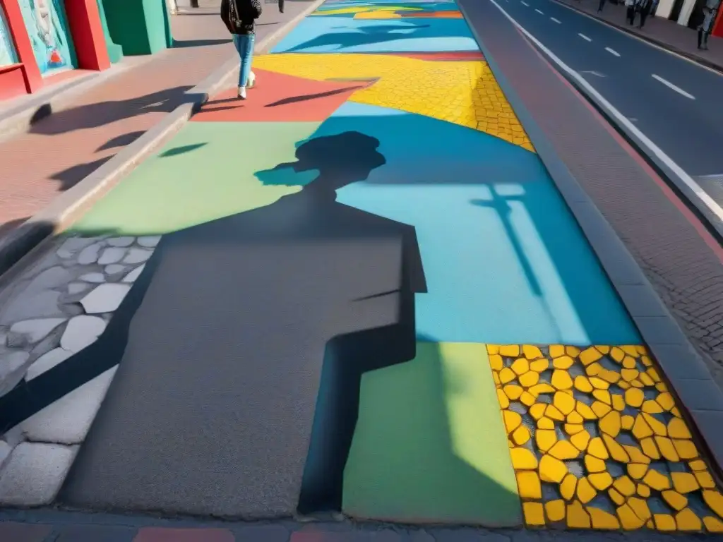 Un vibrante mosaico de arte callejero en el suelo de Montevideo, Uruguay, lleno de color y vida