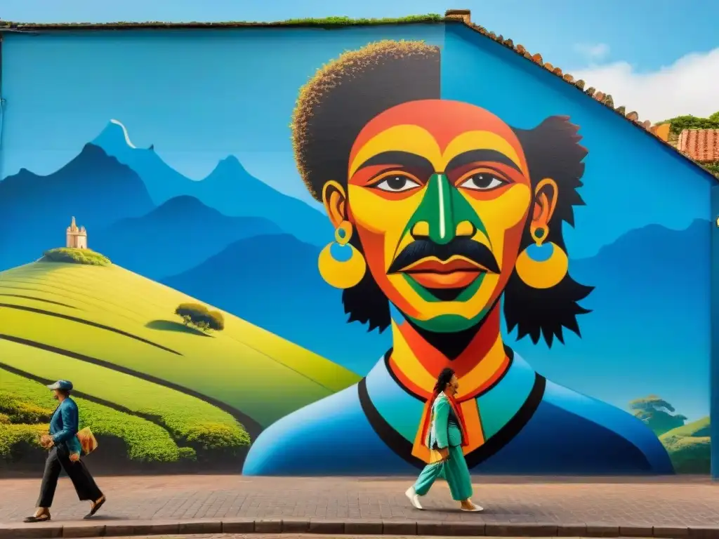 Un vibrante mural de arte popular en Uruguay, con personajes folclóricos en colores audaces, sobre un paisaje de Montevideo